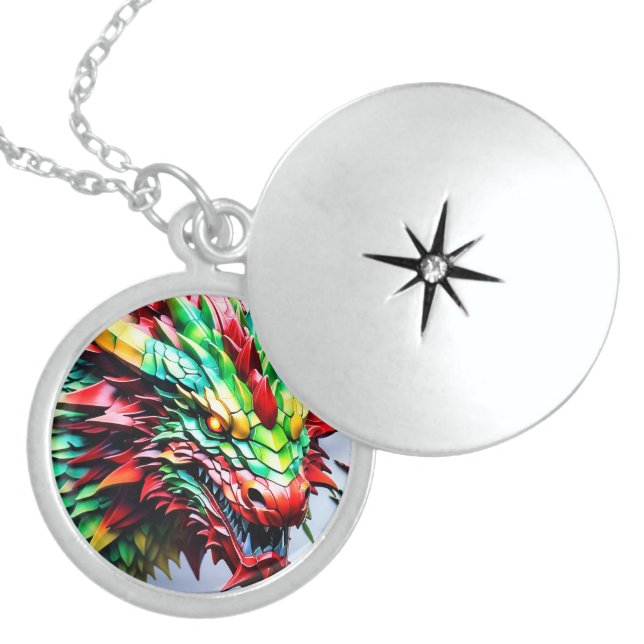 Fire breathing dragon Green And Red Locket Necklace (Front)