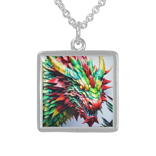 Fire breathing dragon Green And Red Sterling Silver Necklace (Front)