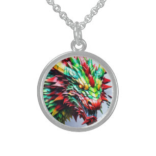 Fire breathing dragon Green And Red Sterling Silver Necklace