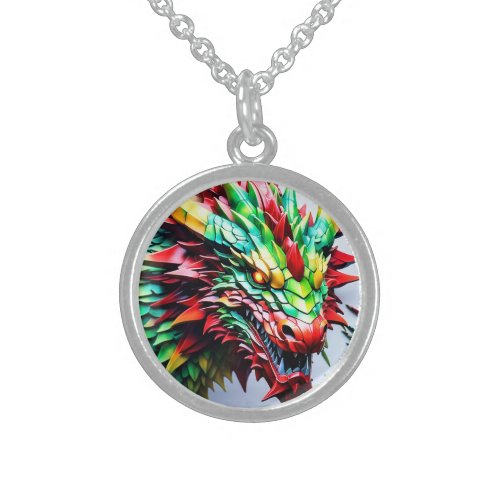 Fire breathing dragon Green And Red Sterling Silver Necklace