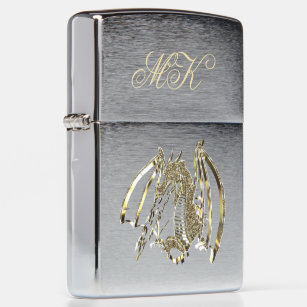 Fire-breathing Dragon Grey Gold Look Monogrammed Zippo Lighter