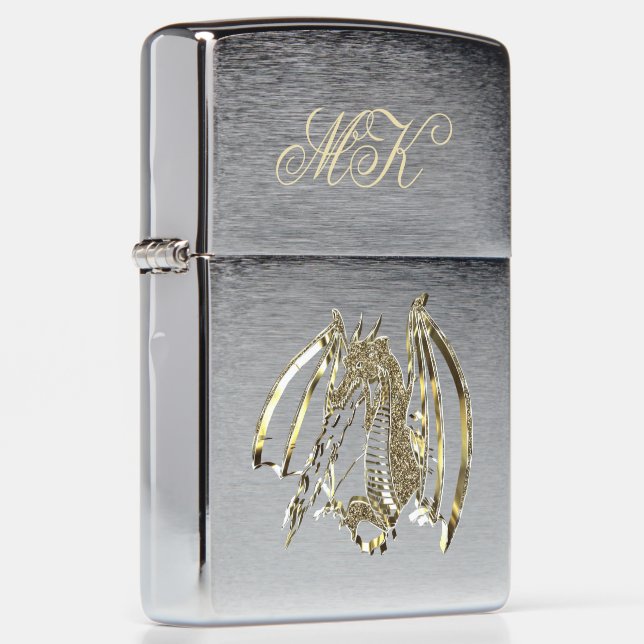Fire-breathing Dragon Grey Gold Look Monogrammed Zippo Lighter (Right)