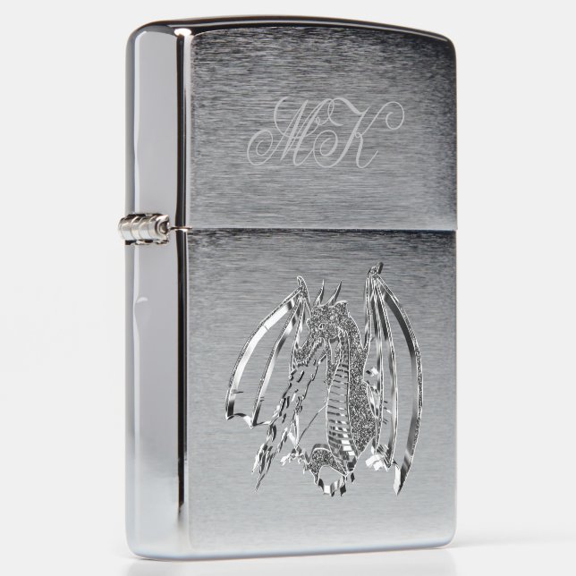 Fire-breathing Dragon Grey Silver Look Monogrammed Zippo Lighter (Right)