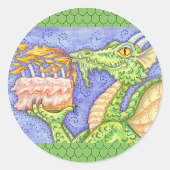 FIRE BREATHING DRAGON LIGHTING BIRTHDAY CANDLES CLASSIC ROUND STICKER (Front)
