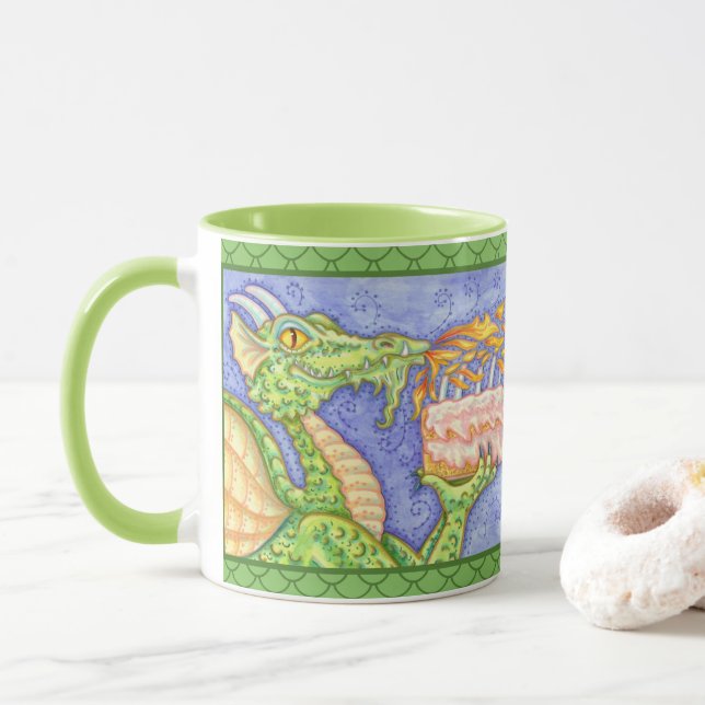 FIRE BREATHING DRAGON LIGHTING BIRTHDAY CANDLES MUG (With Donut)