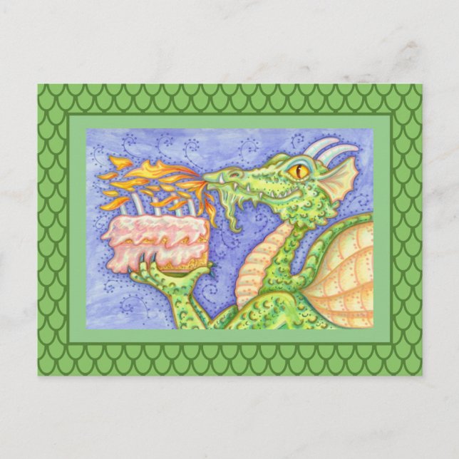 FIRE BREATHING DRAGON LIGHTING BIRTHDAY CANDLES POSTCARD (Front)