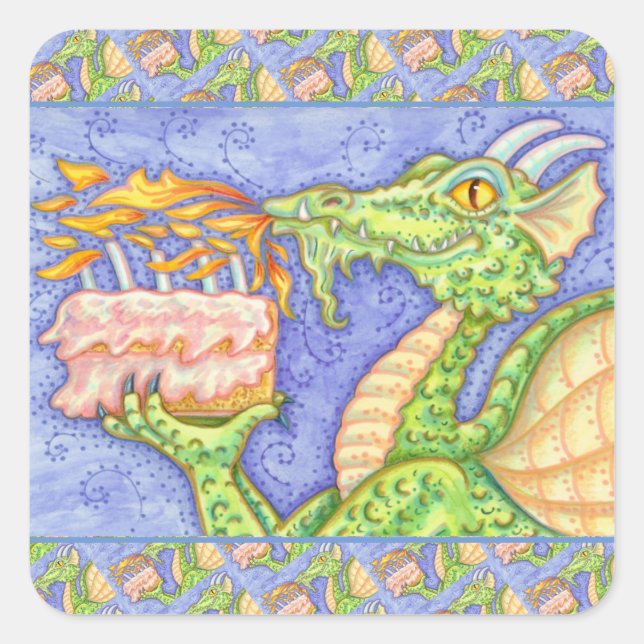 FIRE BREATHING DRAGON LIGHTING BIRTHDAY CANDLES SQUARE STICKER (Front)