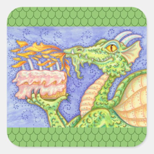 FIRE BREATHING DRAGON LIGHTING BIRTHDAY CANDLES SQUARE STICKER