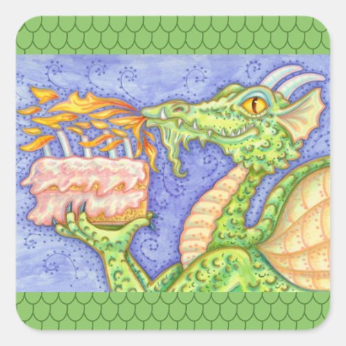FIRE BREATHING DRAGON LIGHTING BIRTHDAY CANDLES SQUARE STICKER