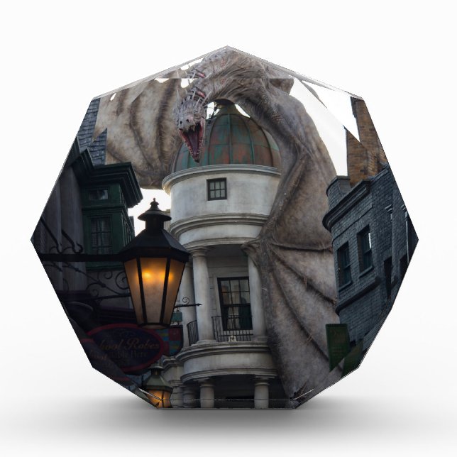 Fire breathing Dragon protecting wizard's bank Acrylic Award (Front)