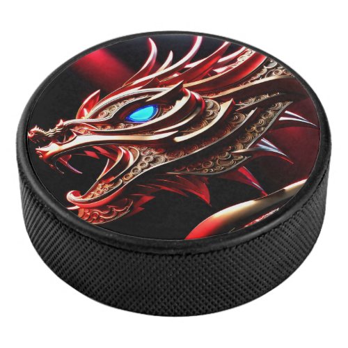 Fire breathing dragon red and gold scales hockey puck
