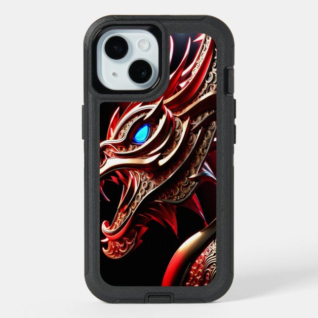 Fire breathing dragon red and gold scales iPhone 15 case (Back)