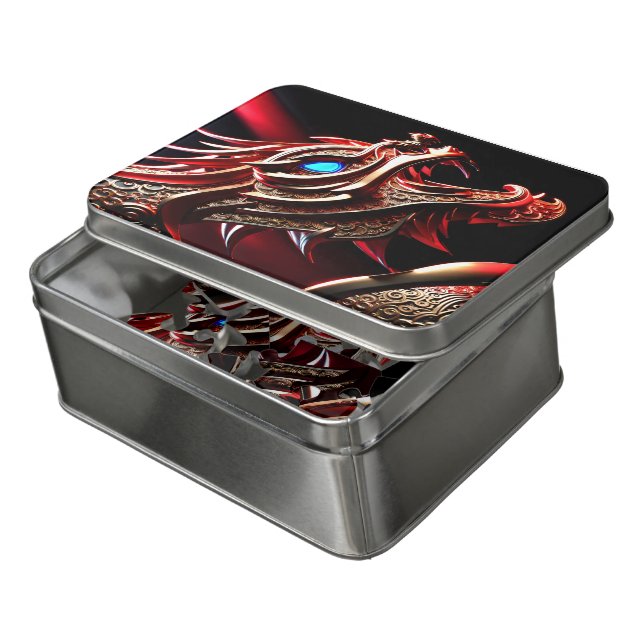 Fire breathing dragon red and gold scales jigsaw puzzle (Lid Open)