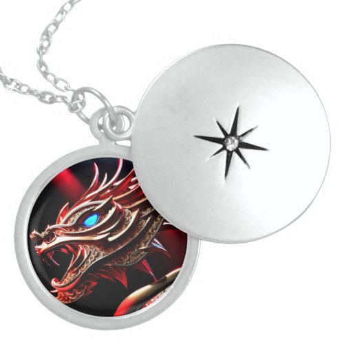 Fire breathing dragon red and gold scales locket necklace