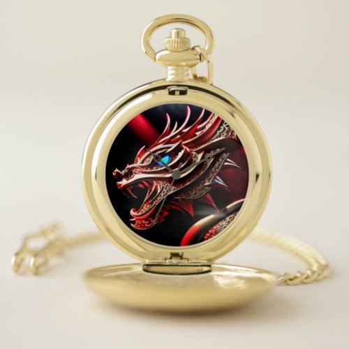 Fire breathing dragon red and gold scales pocket watch