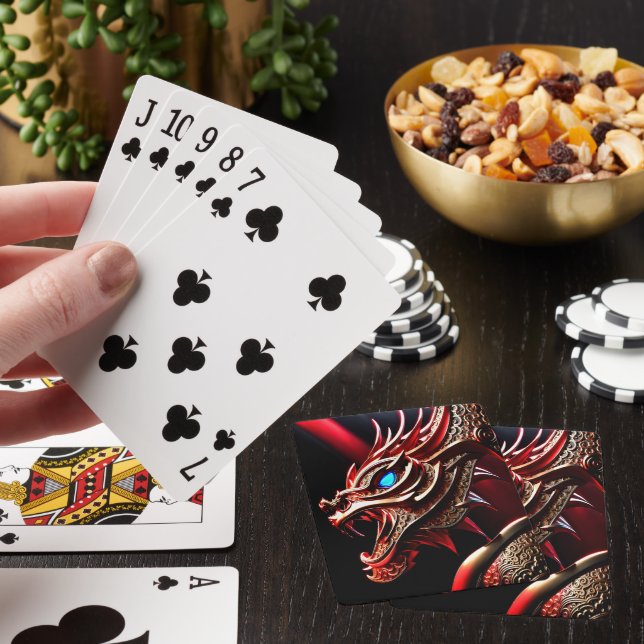 Fire breathing dragon red and gold scales poker cards (In Situ)