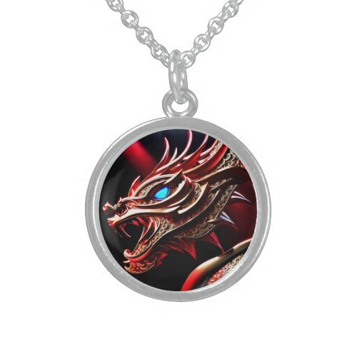 Fire breathing dragon red and gold scales sterling silver necklace