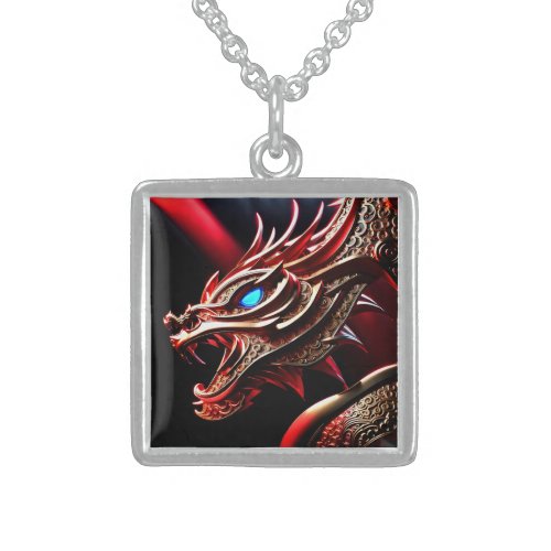 Fire breathing dragon red and gold scales sterling silver necklace