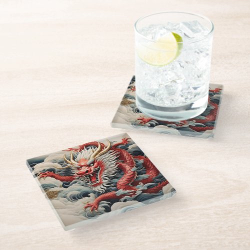 Fire breathing dragon red and white scale glass coaster