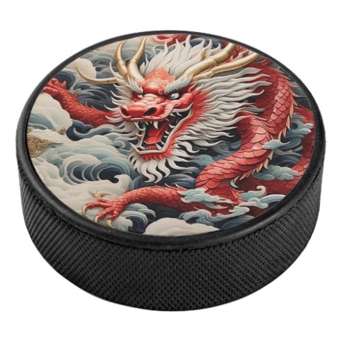 Fire breathing dragon red and white scale hockey puck