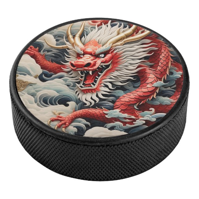 Fire breathing dragon red and white scale hockey puck (3/4)