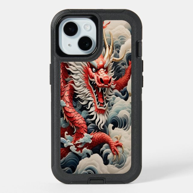 Fire breathing dragon red and white scale iPhone 15 case (Back)