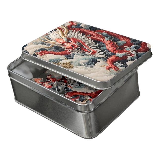 Fire breathing dragon red and white scale jigsaw puzzle (Lid Open)