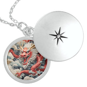 Fire breathing dragon red and white scale locket necklace