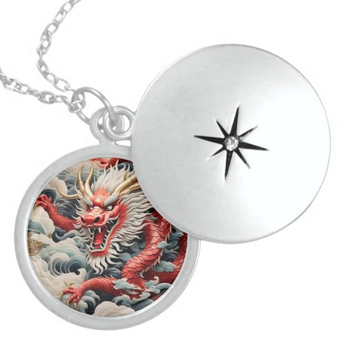 Fire breathing dragon red and white scale locket necklace