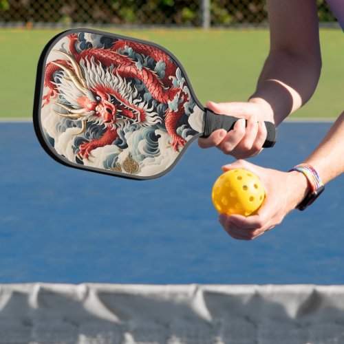Fire breathing dragon red and white scale pickleball paddle