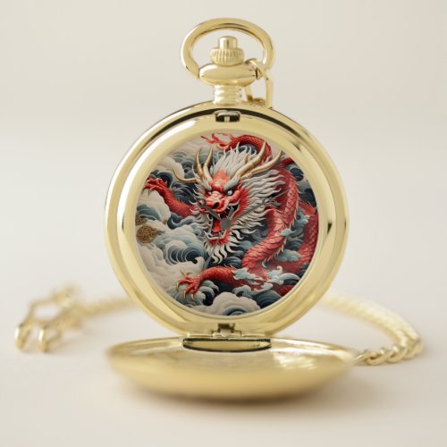 Fire breathing dragon red and white scale pocket watch