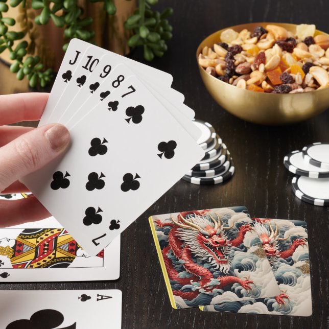 Fire breathing dragon red and white scale poker cards (In Situ)