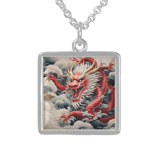 Fire breathing dragon red and white scale sterling silver necklace (Front)
