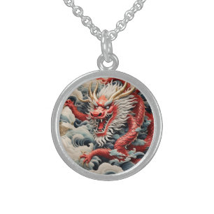 Fire breathing dragon red and white scale sterling silver necklace