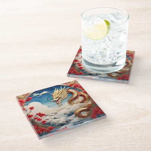 Fire breathing dragon red blue and gold scales glass coaster