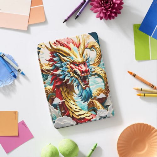 Fire breathing dragon red blue and gold scales iPad air cover