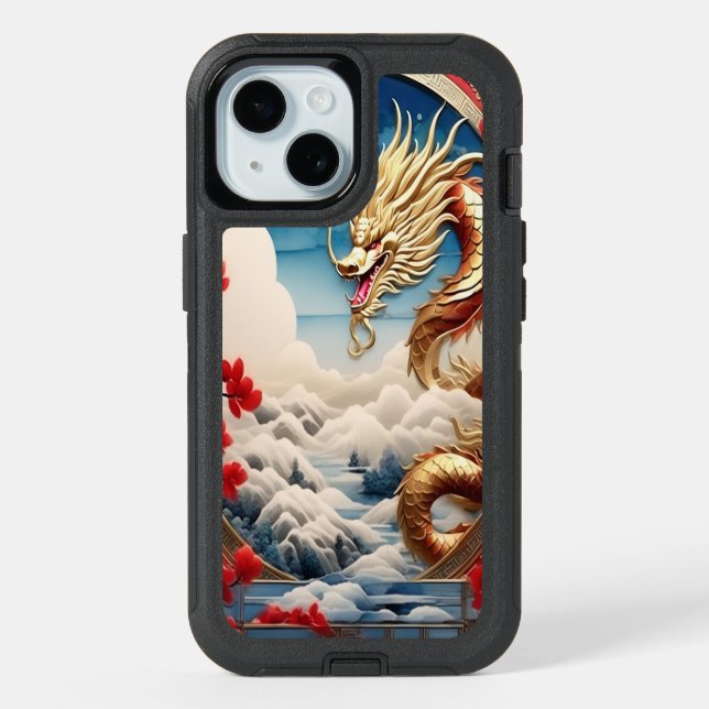 Fire breathing dragon red blue and gold scales iPhone 15 case (Back)
