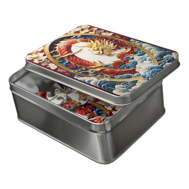 Fire breathing dragon red blue and gold scales jigsaw puzzle (Lid Open)