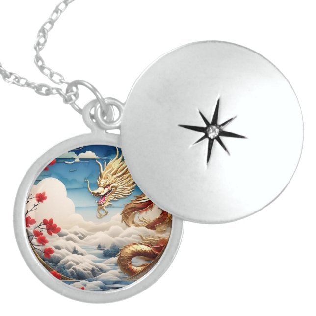 Fire breathing dragon red blue and gold scales locket necklace (Front)