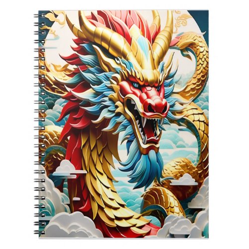 Fire breathing dragon red blue and gold scales notebook