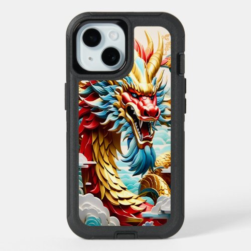 Fire breathing dragon red blue and gold scales iPhone 15 case