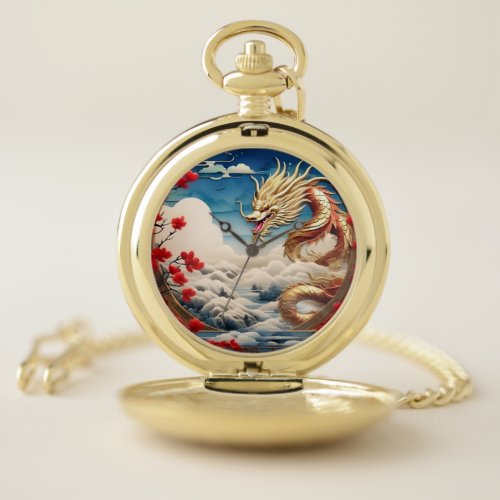 Fire breathing dragon red blue and gold scales pocket watch