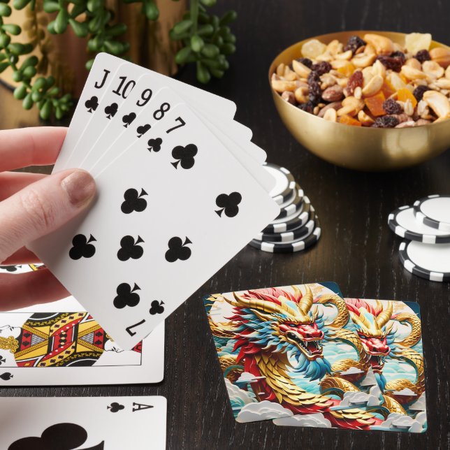 Fire breathing dragon red blue and gold scales poker cards (In Situ)