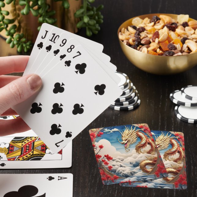 Fire breathing dragon red blue and gold scales poker cards (In Situ)