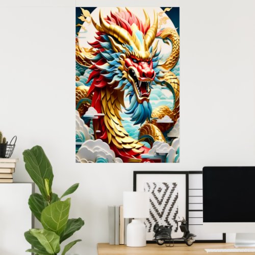 Fire breathing dragon red blue and gold scales poster