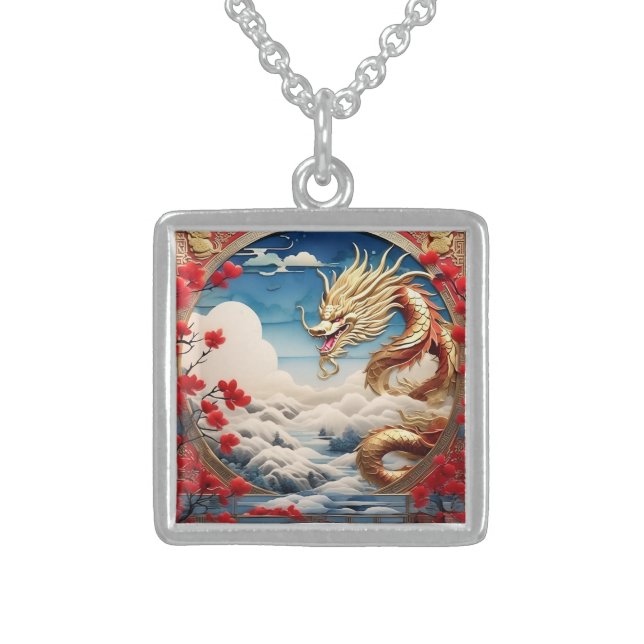 Fire breathing dragon red blue and gold scales sterling silver necklace (Front)