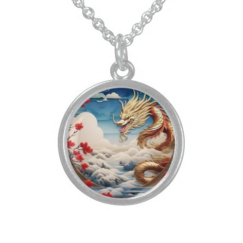 Fire breathing dragon red blue and gold scales sterling silver necklace
