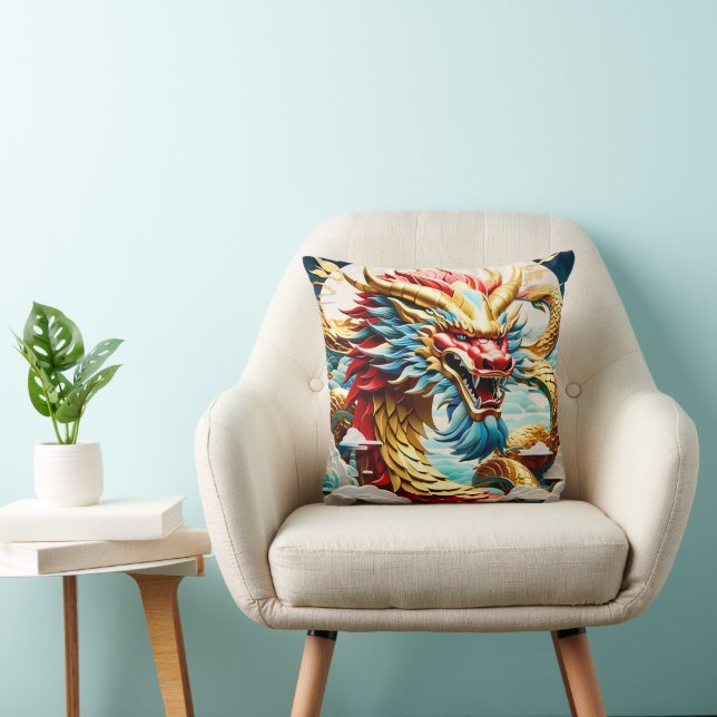 Fire breathing dragon red blue and gold scales throw pillow (Chair)