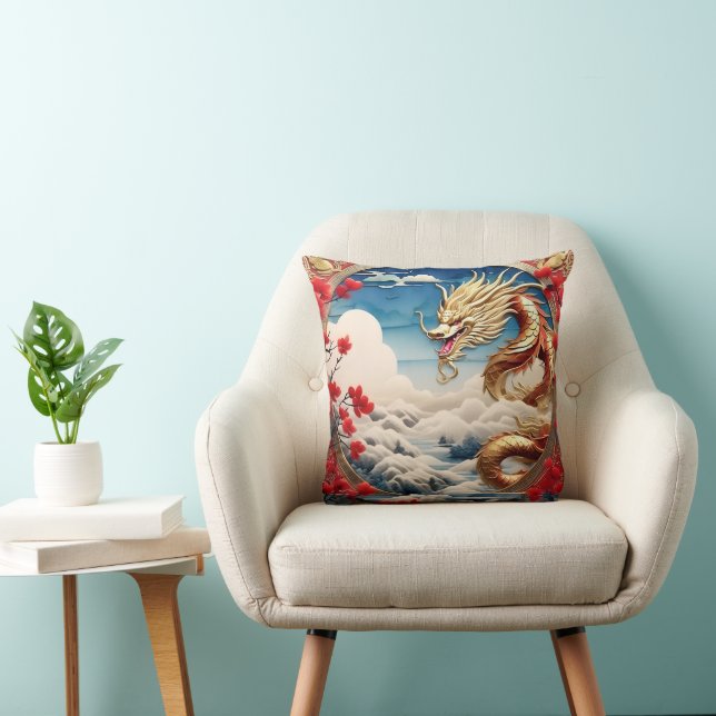 Fire breathing dragon red blue and gold scales throw pillow (Chair)
