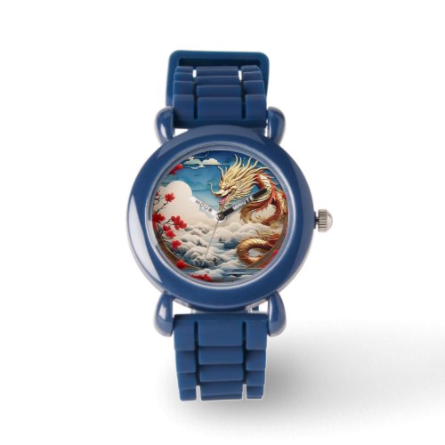 Fire breathing dragon red blue and gold scales watch